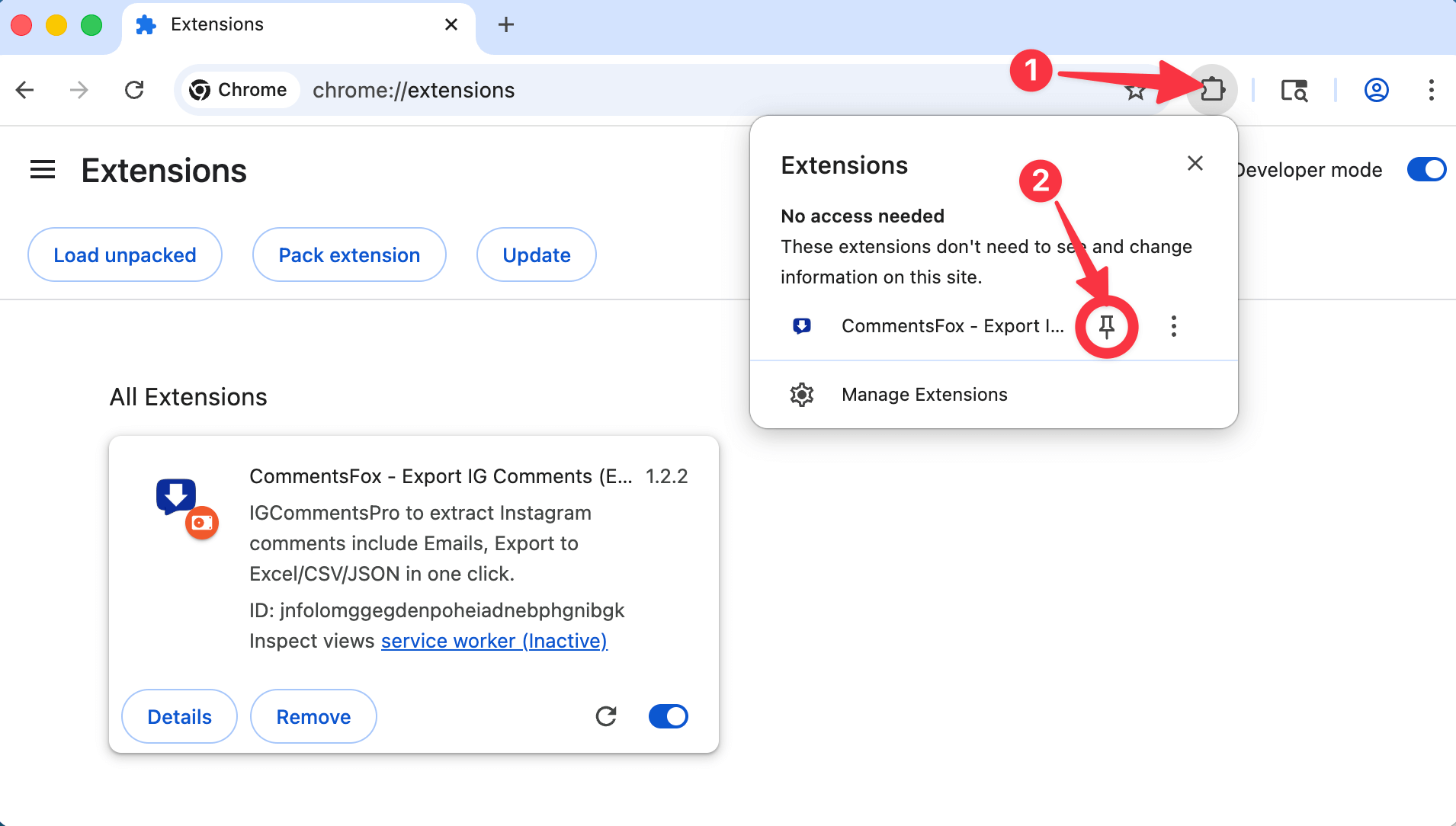 IG Comments Exporter chrome extension install done